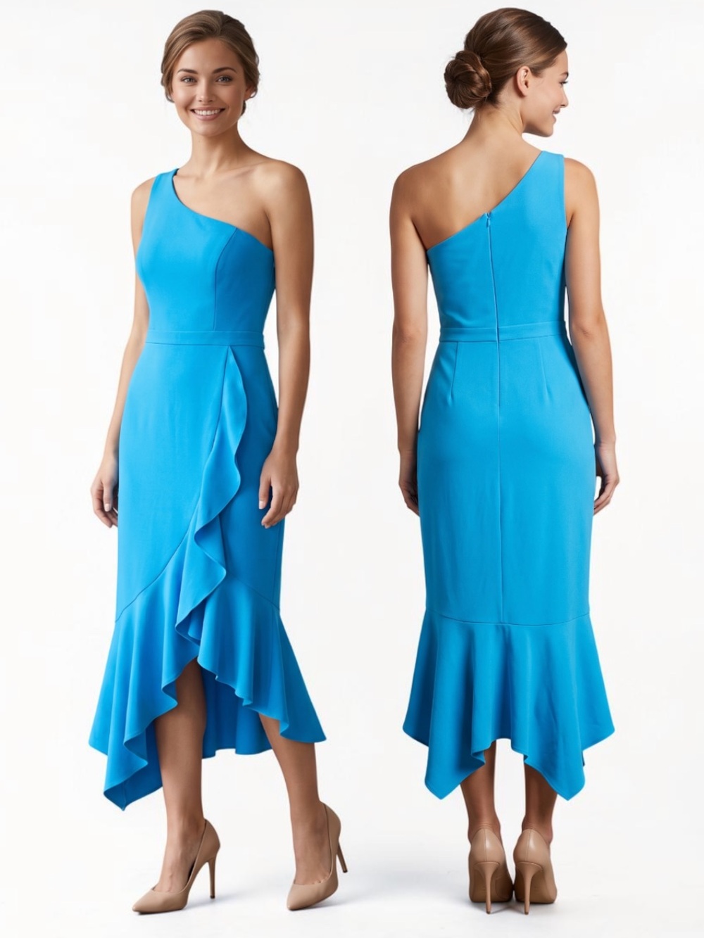🌻NEW w/tag Xscape Ruffle Gown Blue One Shoulder Scuba High Low Dress Size 10